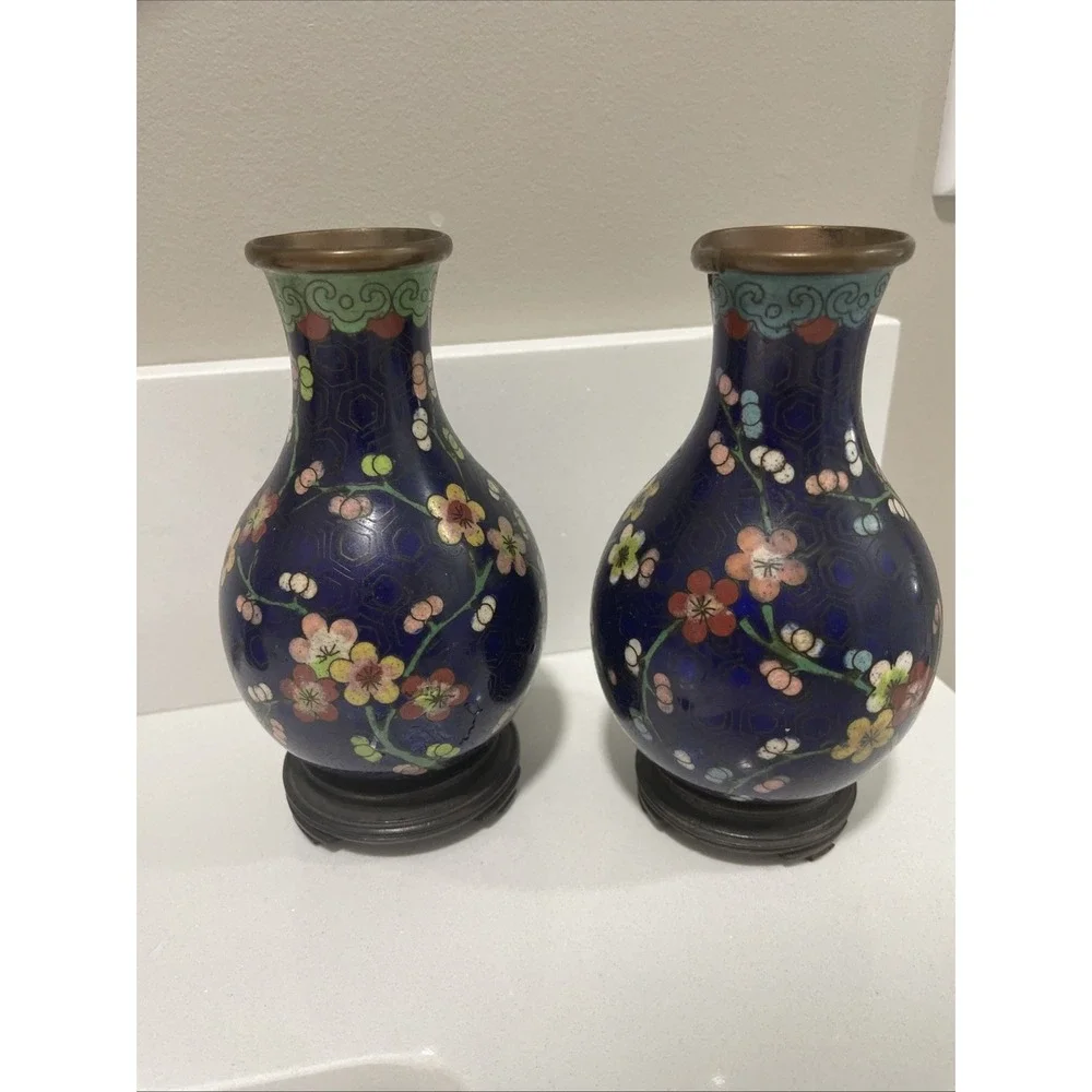 Pair 2‎ Chinese Cloisonne Cobalt Blue Cherry Blossom Floral Enameled Vases 5.5